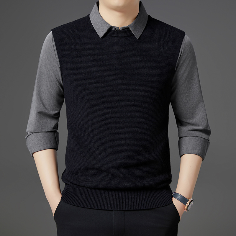 针织男士假两件2025秋季新款时尚拼接翻领撞色毛衣男针织衫