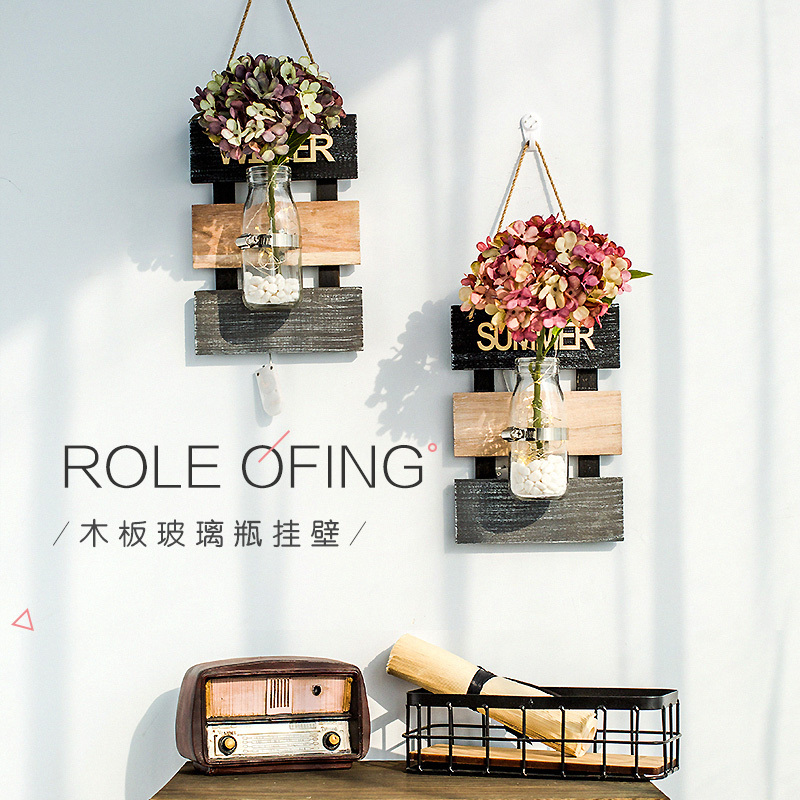 挂墙面上小装饰品创意壁挂件卧室植物仿真假花房间ins风客厅酒吧 天蓝色薄荷绣球三连板