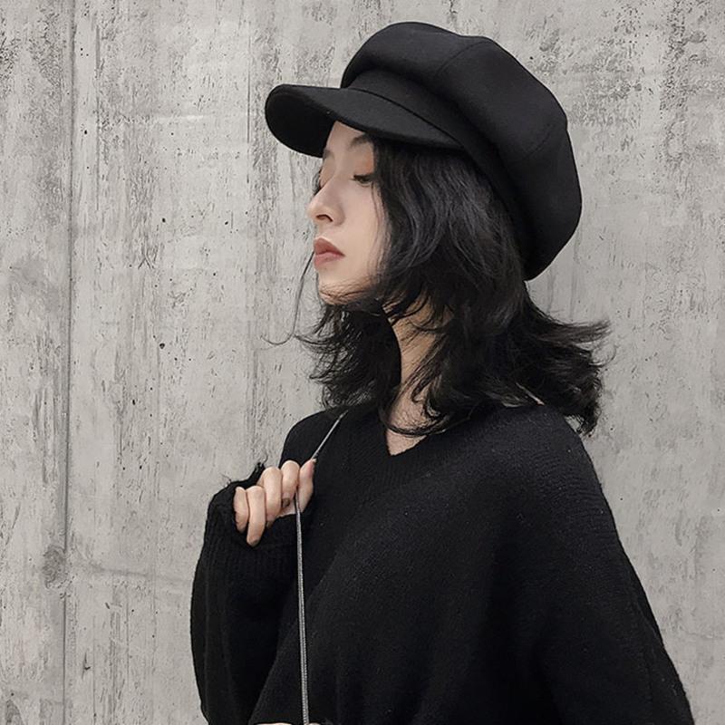 毛呢八角帽黑色八角帽子女秋冬黑色鸭舌贝雷帽女潮报童画家毛呢韩版