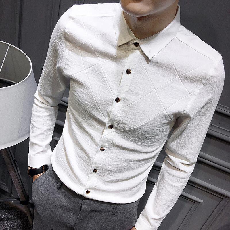 18款韩版棉麻修身男士长袖衬衫潮流紧身帅气寸衣休闲上衣