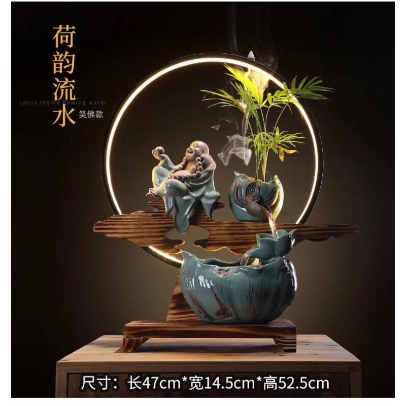 新款陶瓷流水喷泉加湿器带灯圈开业新居礼品办工作摆件装饰品 三维工匠 一路通高清大图