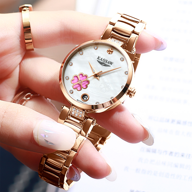女ins风学生时尚潮流国产品牌自动机械表女表幸运四叶草女士手表k982l