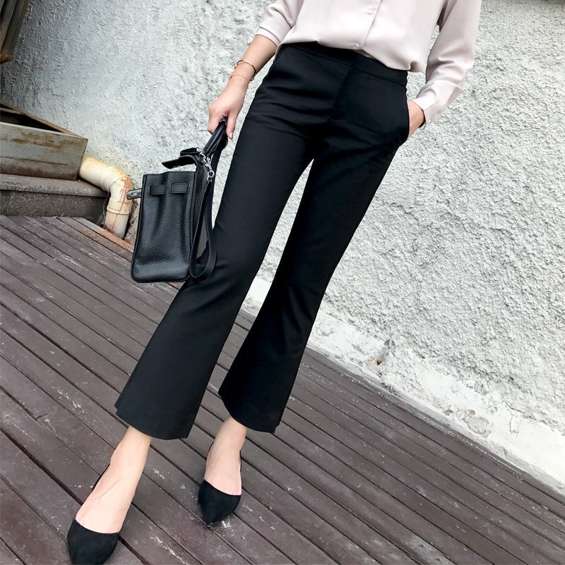 2018夏季新款微喇叭裤女九分裤韩版阔腿裤高腰黑色休闲西装裤裤子黑色常规款