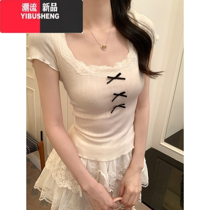 YIBUSHENG芭蕾风蕾丝拼接短袖t恤女季bm纯欲小个子甜辣妹蝴蝶结正肩上衣
