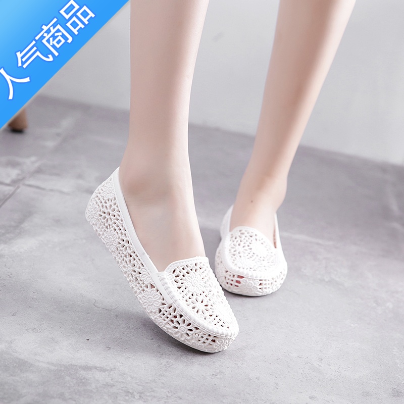 SUNTEK夏季白色塑料凉鞋女护士鞋妈妈鞋软底平底透气工作镂空包头洞洞鞋高清大图