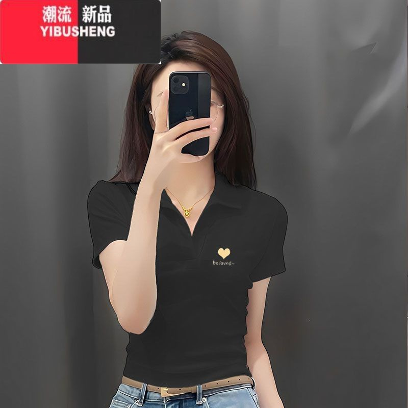 YIBUSHENG印花polo领短袖t恤女2024新款女装时尚韩版显瘦修身时尚上衣女潮