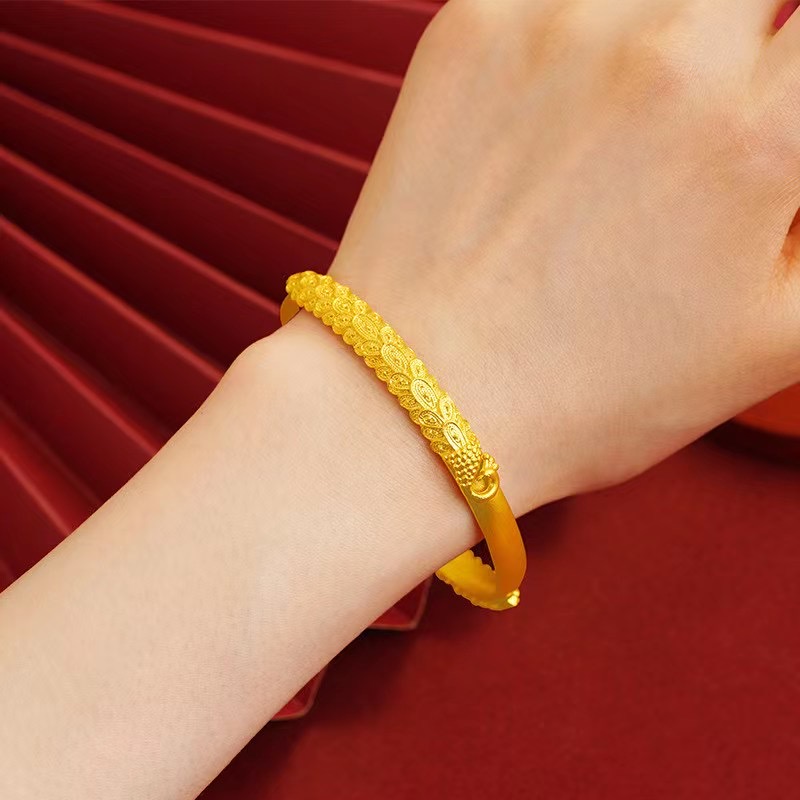 仿黄金越南沙金古法手镯女龙凤孔雀磨砂实心镯子镀金仿真婚庆首饰送女朋友老婆情人节七夕生日礼物