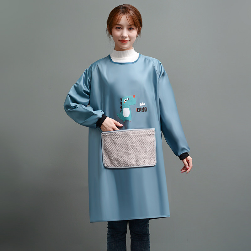 罩衣长袖外套大人女时尚家用厨房防水防油围裙工作服春秋加绒加厚 小恐龙