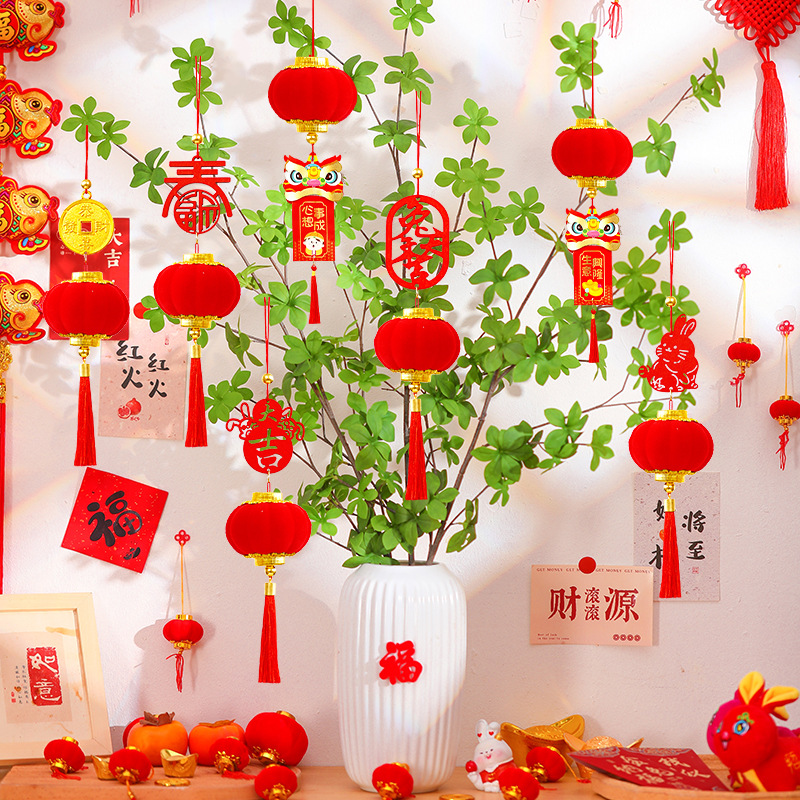 植绒大红小灯笼连串挂饰装饰挂件室内客厅商场店铺户外场景布置品--5#3连串小灯笼（单个装）高清大图