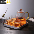 三维工匠耐热锤纹玻璃茶壶茶水分离泡茶壶套装家用过滤单壶水壶耐高温加厚 600ml锤纹壶+4个锥纹杯+四方竹盘白色_688