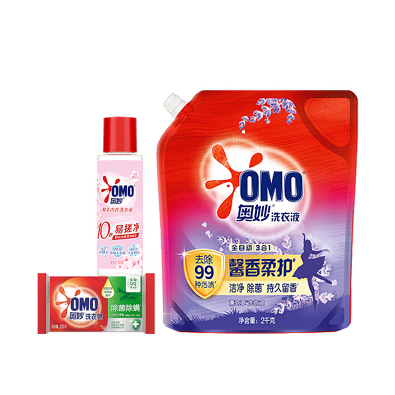 奥妙洗衣液4.64斤组合装(全自动洗衣液袋装2kg+洗衣皂220g+内衣洗衣液100g)