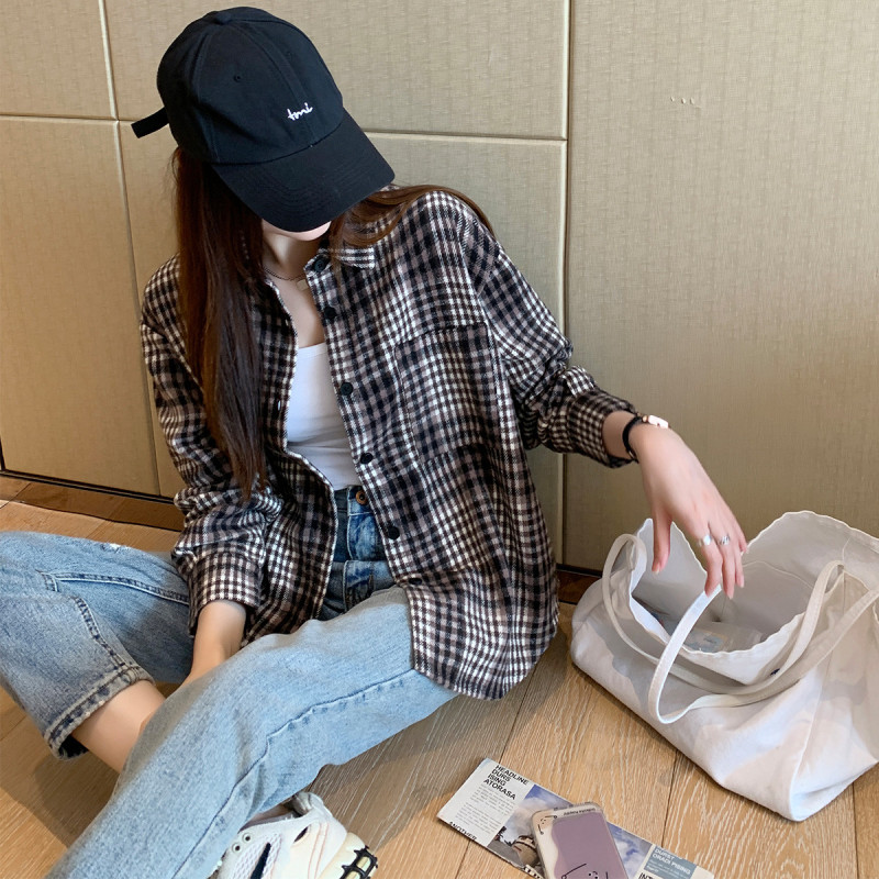 [1.5折价59元]唐狮冬季长袖格子衬衫女百搭磨毛休闲复古港风休闲上衣