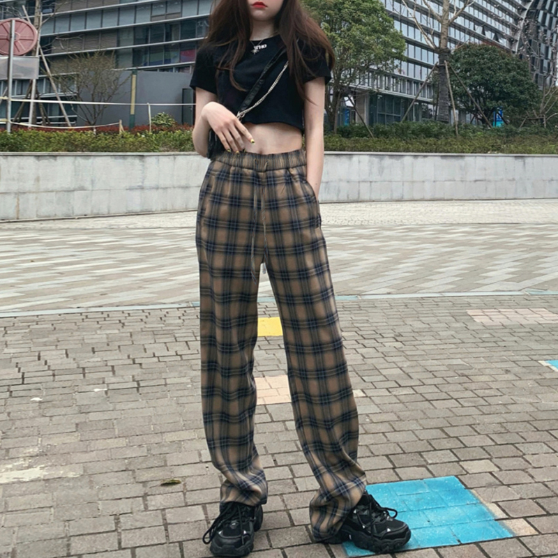 艳如飞2021新款复古宽松格子裤女春夏显瘦直筒裤休闲裤阔腿裤运动裤子潮