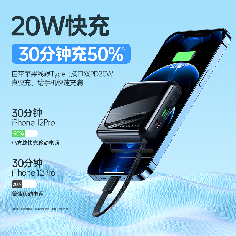 古尚古充电宝10000毫安自带线小方大容量20W快充超薄小巧便携移动电源适用于苹果专用手机华为小米-太空灰【旗舰版】