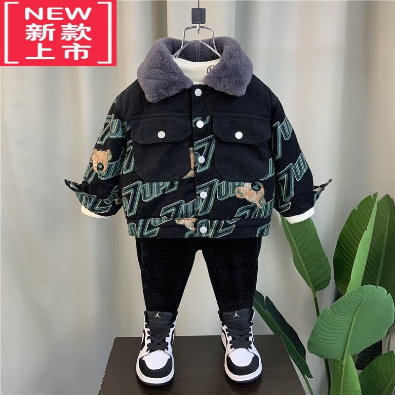 可莉允男童冬装加绒外套2022新款洋气宝宝冬季炸街棉衣男孩儿童加厚夹克棉服图片