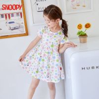 史努比(SNOOPY)童装正品夏装3-12岁女孩短袖连衣裙子中小白色印花女童韩版棉质印花半袖童裙90-140cm