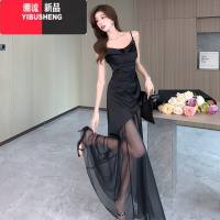 YIBUSHENG高级感缎面拼接网纱礼服长裙女季御姐不规则褶皱修身吊带连衣裙