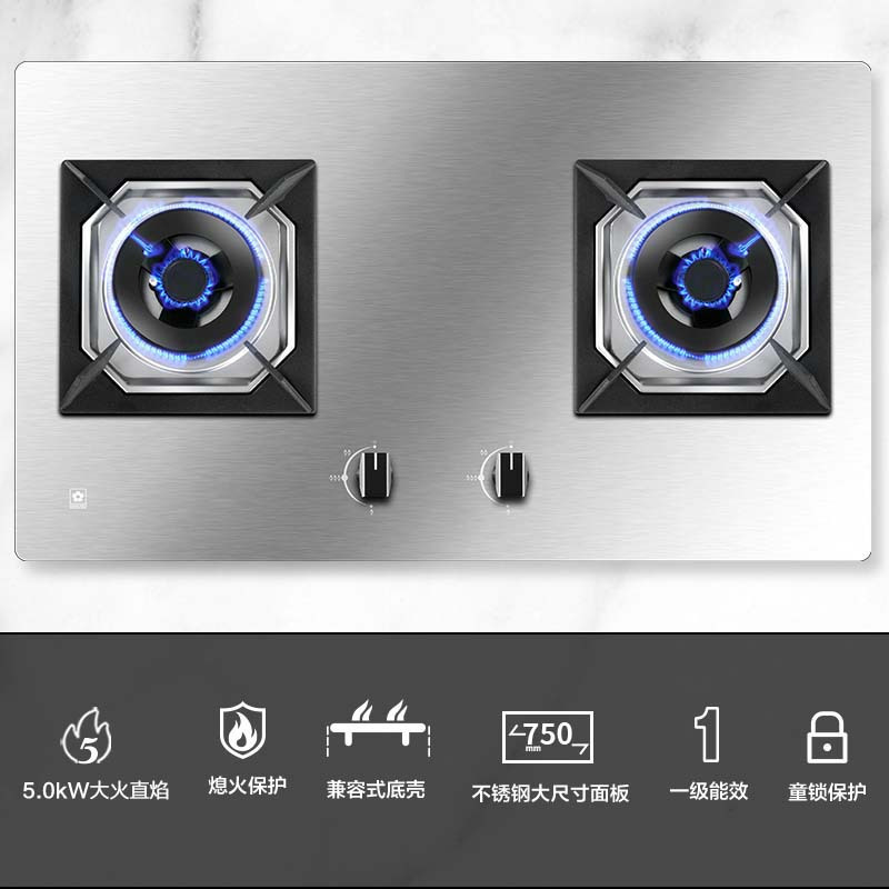樱花(SAKURA)燃气灶5.0大火力不锈钢家用多开孔大尺寸灶具台嵌两用双眼灶煤气灶一级能效JZT-GBG01(天然气)