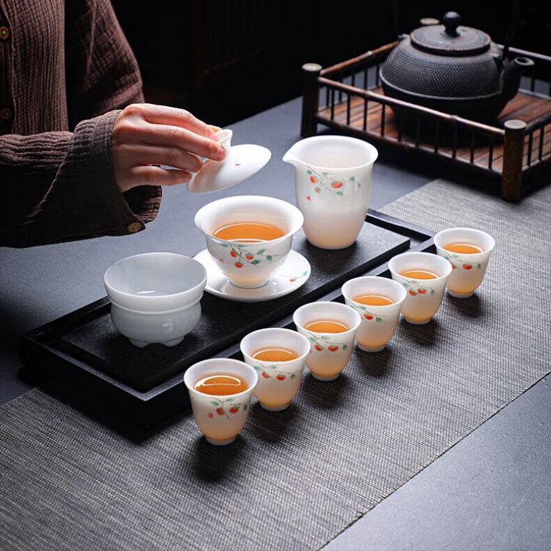 拓牌10头亮光羊脂玉瓷手绘 好柿连连