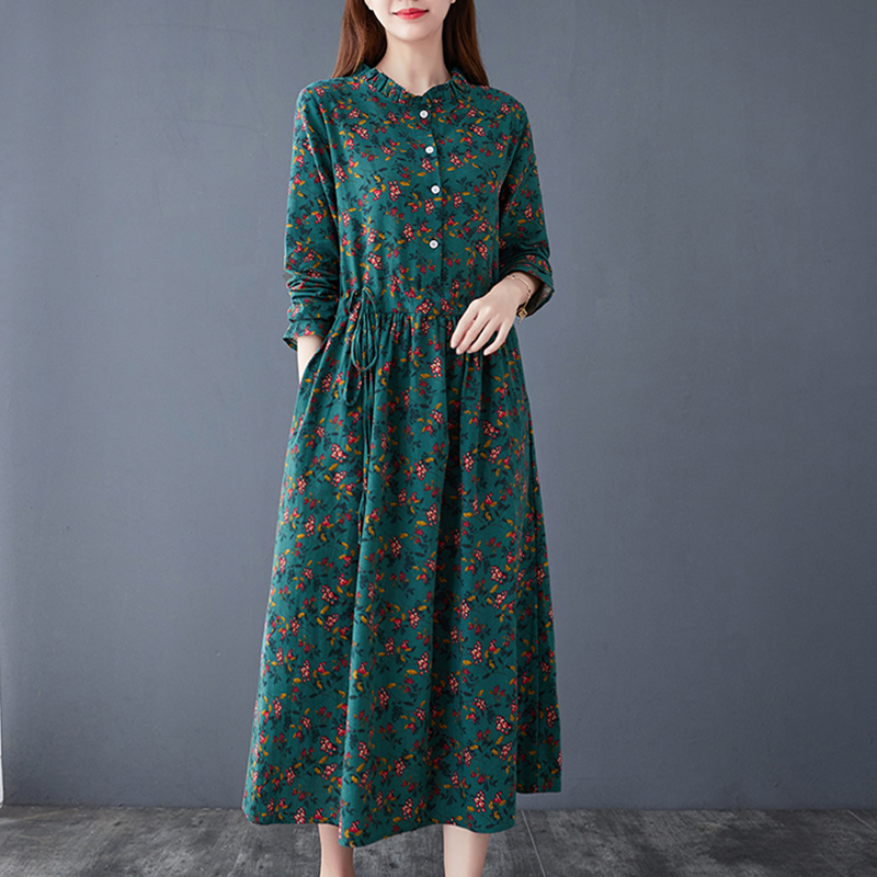 文艺棉麻连衣裙女2021年秋冬季收腰气质森系碎花长袖打底亚麻长裙