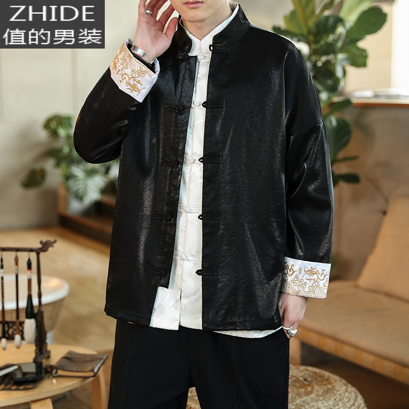 suntek春季复古唐装男青年潮流中式立领盘扣汉服外套大码古风居士服