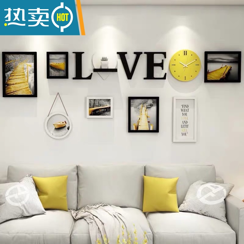 敬平北欧装饰画沙发背景墙客厅组合现代简约大气餐厅墙画壁画卧室挂画装饰画 7love黑白+钟表金色小船192cm*69cm 适合2-3米墙面15mm厚板组合一套价格