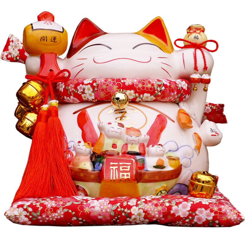 日式正版猫摆件店铺开业礼品特大号摇手陶瓷存钱罐家居装饰品 三维工匠 12寸系列-生意兴隆高29厘米猫高清大图