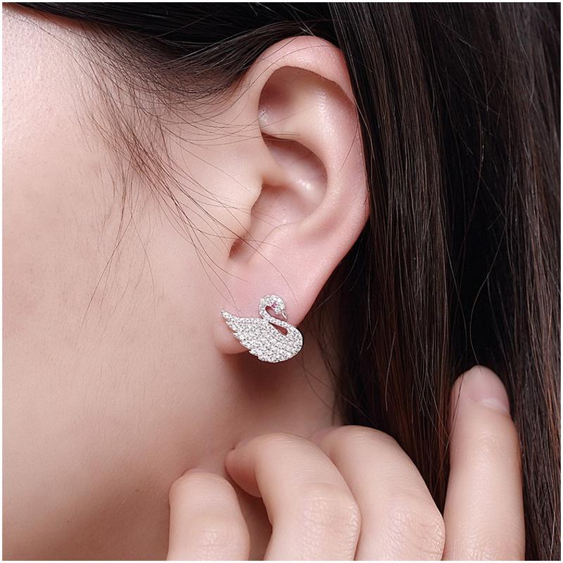 E061 Real Silver Earring水晶天鹅925纯银耳钉耳环情人节礼物送女朋友七夕情人节礼物
