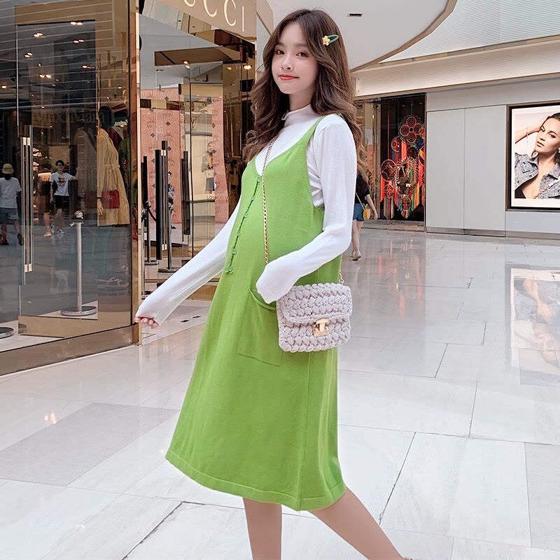 迪鲁奥(DILUAO)孕妇装针织衫孕妇秋季中长款洋气两件套长袖孕妇装秋款套装时尚潮妈 杏色 均码图片