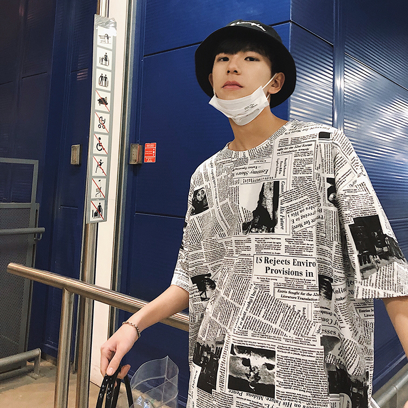男士短袖T恤个性时尚学生韩版宽松bf风半袖上衣服五分中袖5五分袖