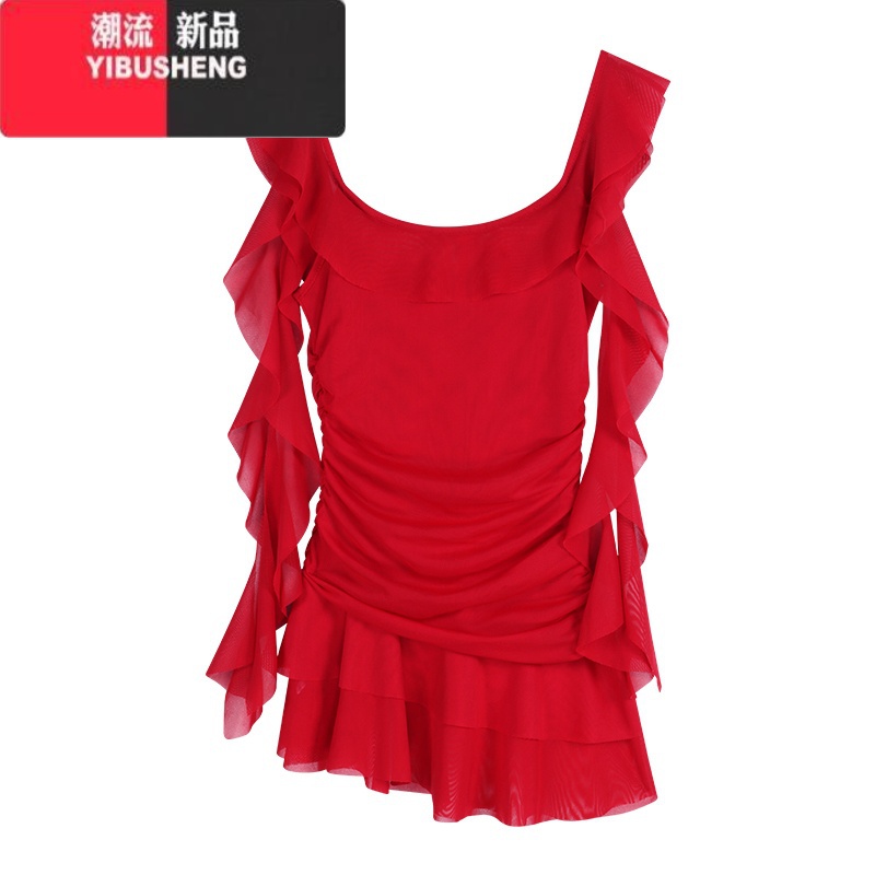 YIBUSHENG红色荷叶边方领吊带连衣裙女季紧身褶皱裙子甜辣妹收腰a字短裙