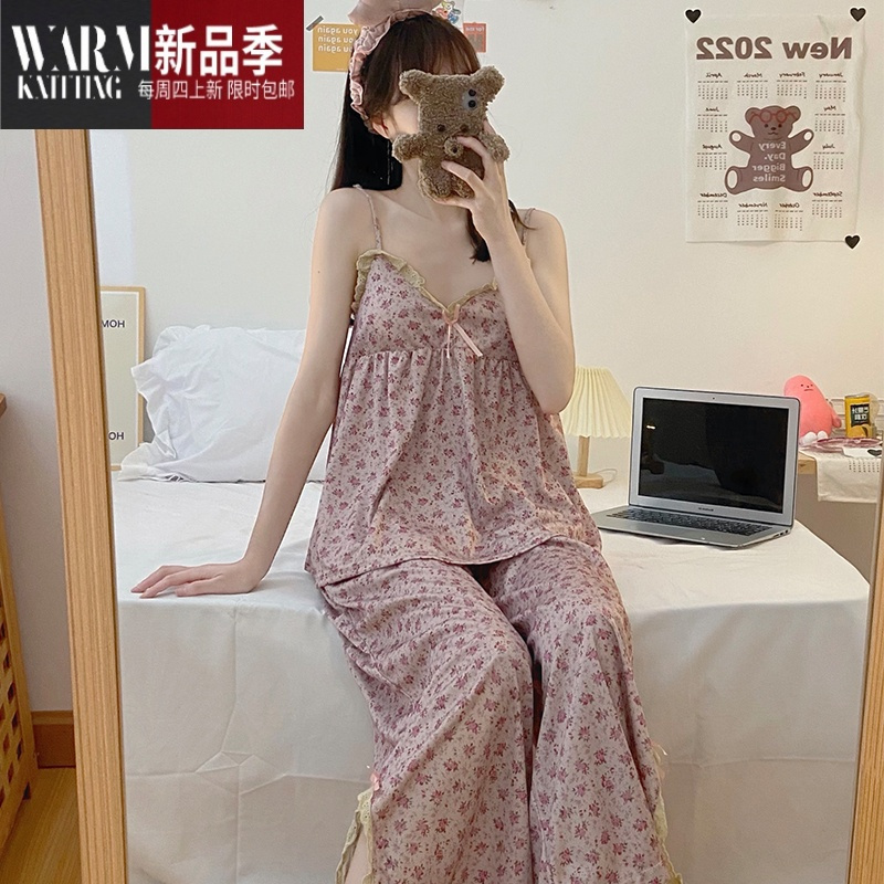 shanchao带胸垫吊带睡衣套装女夏季纯欲风小清新甜美碎花可外穿休闲