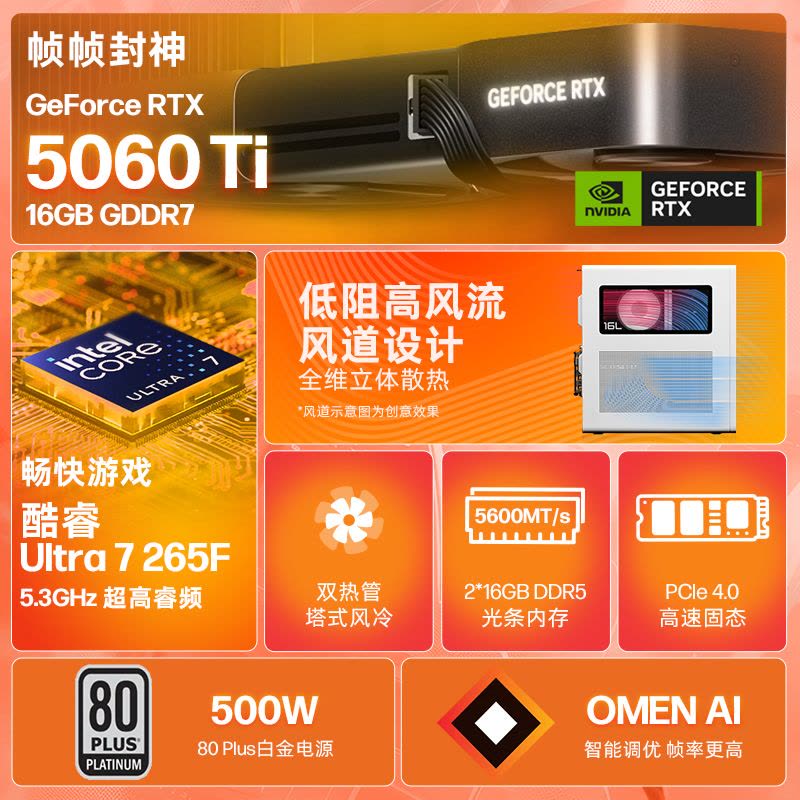 惠普(HP)暗影精灵11 新品台式电脑 游戏台式机主机 设计师电脑 Ultra7 265F RTX5060Ti 32G 1T蓝牙 WIFI TG03-056wcn图片