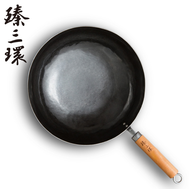 臻三环正宗章丘手工铁锅老式炒锅轻音不易粘无涂层家用燃气灶适用 轻音古法原色30cm高清大图