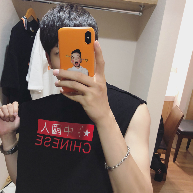 夏款新款文艺印花无袖T恤男士韩版圆领tee打底衫青少年运动背心潮
