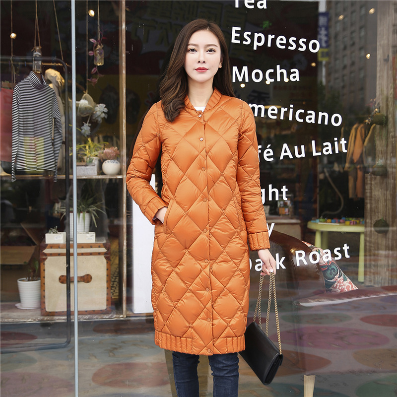 女式90绒轻薄羽绒圆领菱形格中长款女装轻薄款羽绒服 橘色 XL