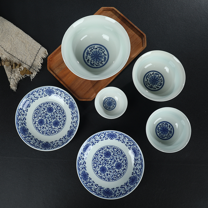 lichen景德镇陶瓷餐具手工缠枝莲釉下彩青花瓷碗盘碟子套装仿古中式29