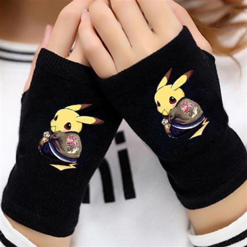 新款冬季皮卡丘联名动漫男女弹力半指学生卡通露指半截保暖手套 半指