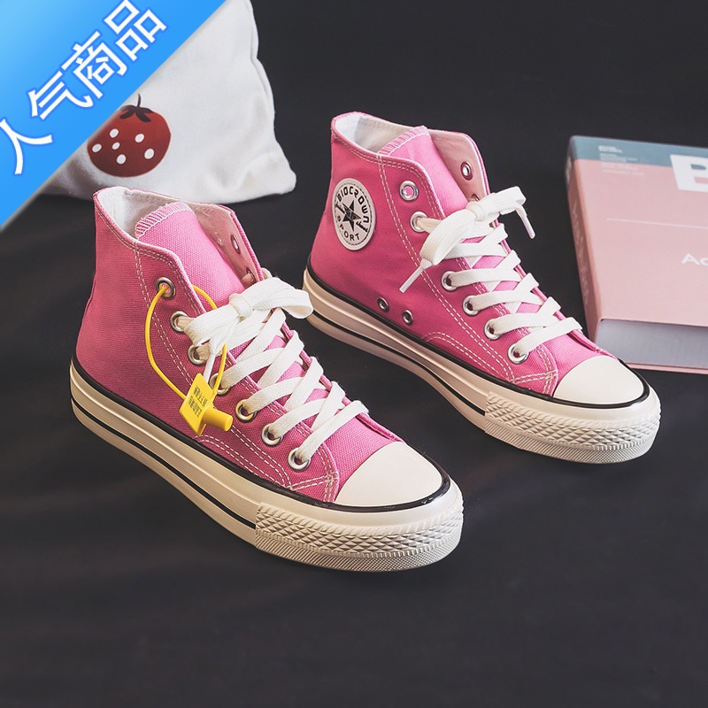 SUNTEK2023夏季新款玫红色高帮少女粉色帆布鞋女平底百搭经典ins休闲潮高清大图