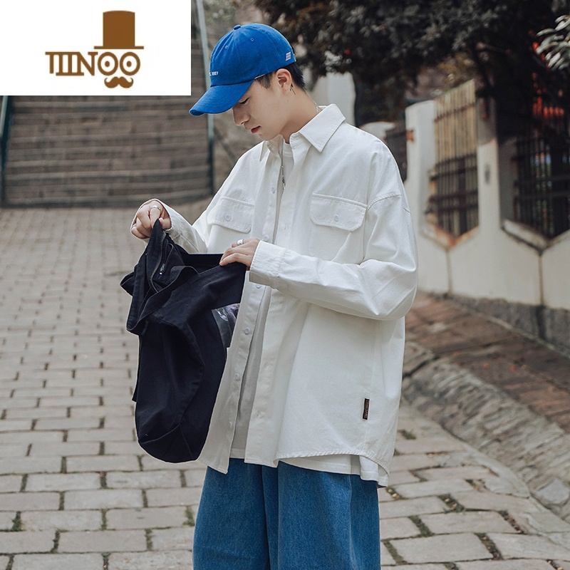 YANXU长袖衬衫男生潮牌宽松休闲工装纯色日系防晒外套韩版衬休外工高清大图