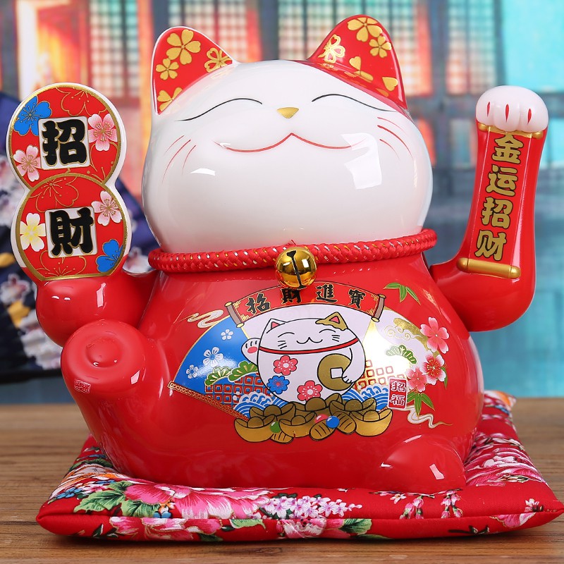 摇手猫陶瓷摆件 店铺开业礼品收银台电动大号红色招手发财猫 三维工匠 10寸生意兴隆(摇手)猫高清大图
