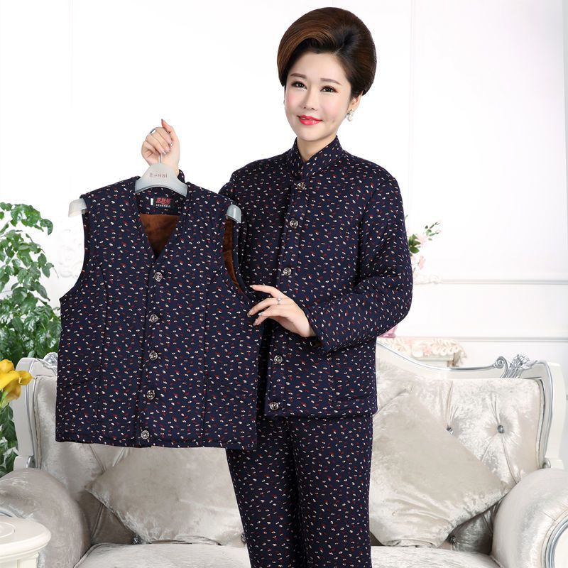 中老年女装棉衣驼绒棉服马甲加绒棉袄棉裤套装三件套妈妈冬装外穿
