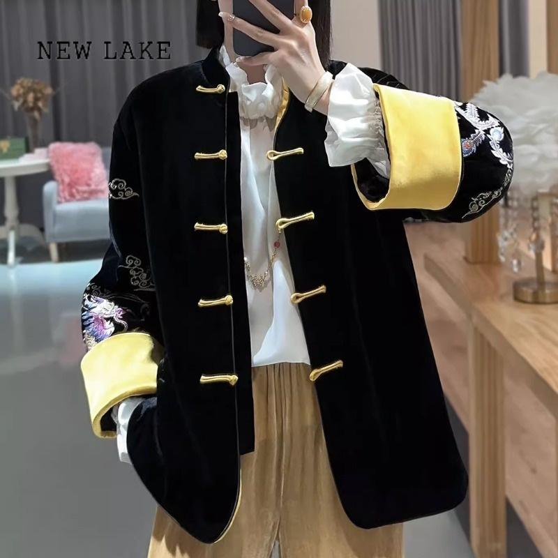 new lake新中式夹棉盘扣棉衣服女款国风复古龙凤呈祥刺绣丝绒旗袍外套