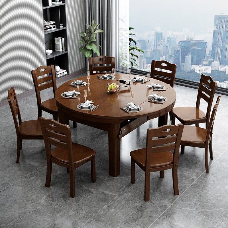 实木餐桌家用方圆两用吃饭桌子折叠饭桌小户型家用餐桌餐椅组合图片
