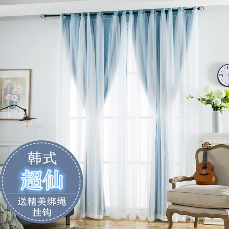 SNS定制韩式纯色田园小清新蕾丝公主风遮光窗帘成品客厅卧室飘窗窗纱