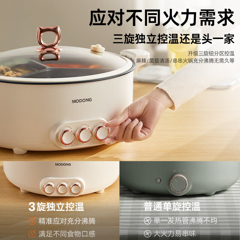摩动(modong)家用多功能电火锅5.6L 三宫格三控温MD-HGE10-T高清大图