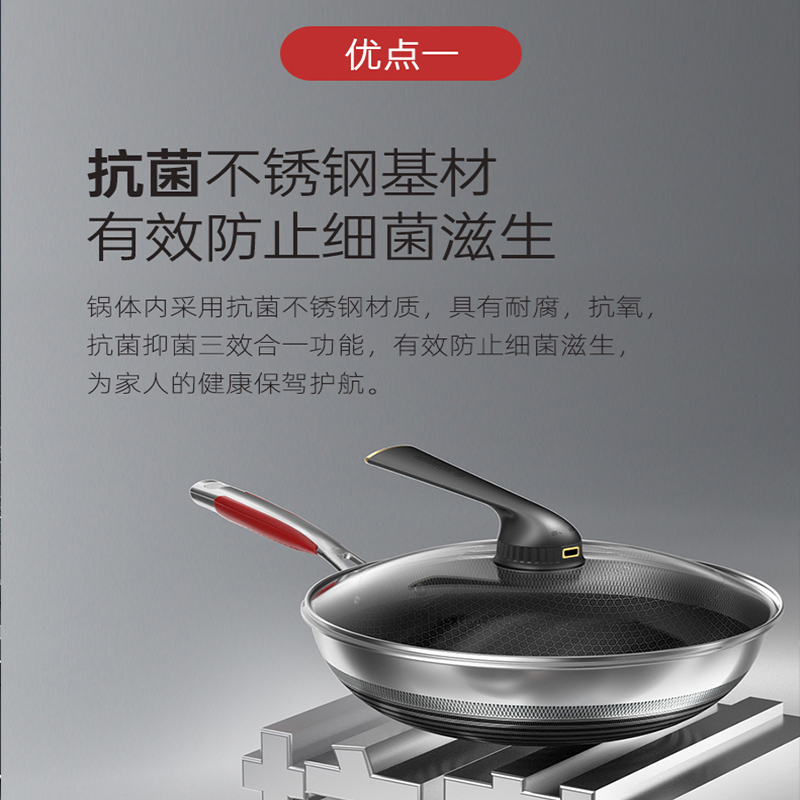 康巴赫第五代抗菌双面炒锅32cm抗菌不锈钢蜂窝平底炒菜锅电磁炉明火燃气通用高清大图