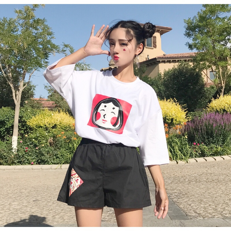 韩版时尚休闲套装春夏女装宽松短袖卡通打底衫T恤上衣+短裤两件套黑色套装均码