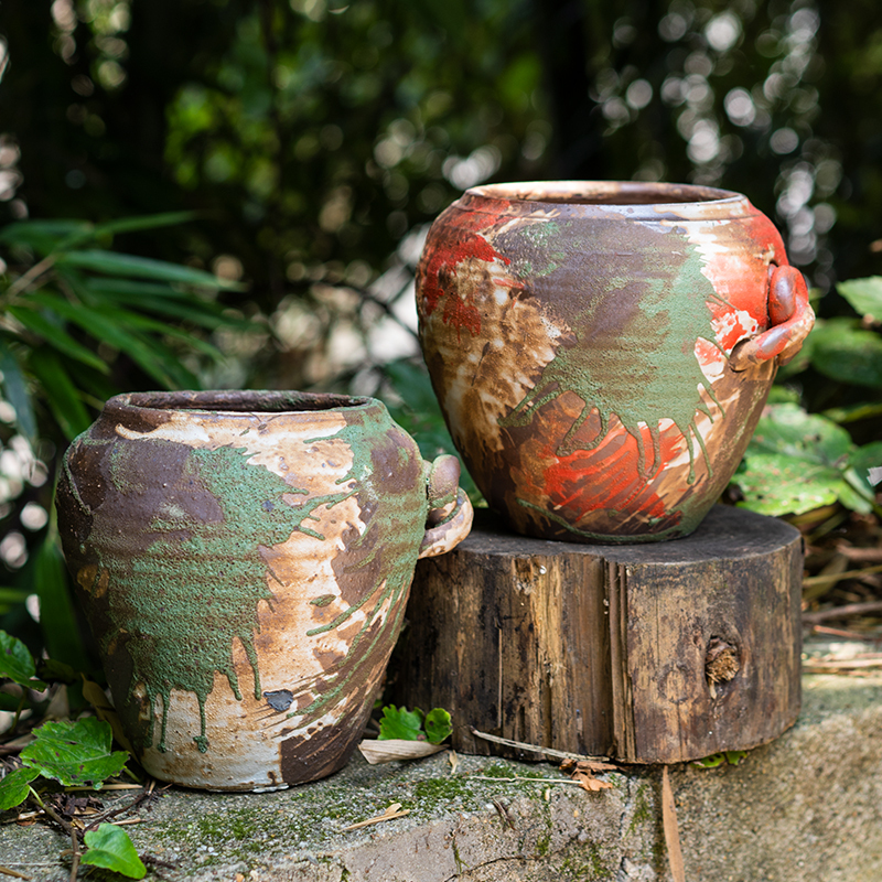 多肉植物花盆泼墨复古做旧透气粗陶盆栽黑法师老桩盆粗陶瓷大罐子日用