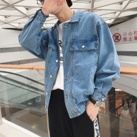 18春季新品韩版男宽松百搭单排扣做旧牛仔衣水洗蓝口袋夹克棒球服
